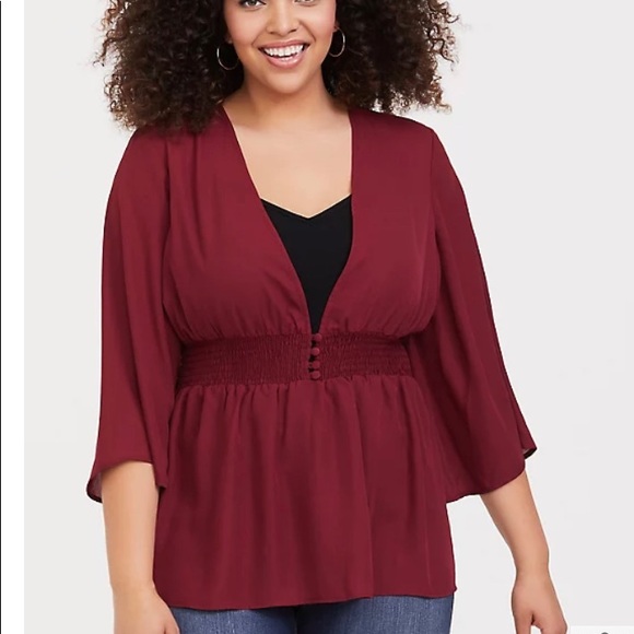 torrid Tops - Sz 4 TORRID BUTTON FRONT SMOCKED BABYDOLL BLOUSE WITH ELASTIC WAIST BURGUNDY